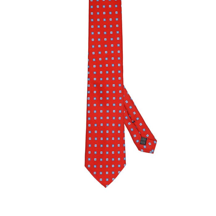 Royal Red 100% Italian Silk Tie With Blue Micro Royal Blue Geometric Pattern