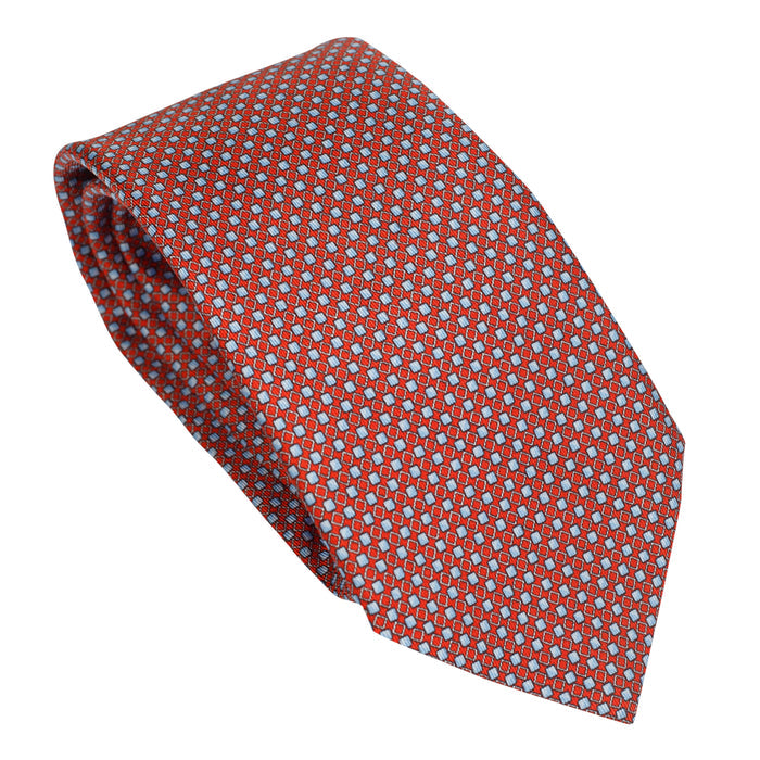 Rust Red 100% Italian Silk Tie With Blue Micro Geometric Blue Pattern