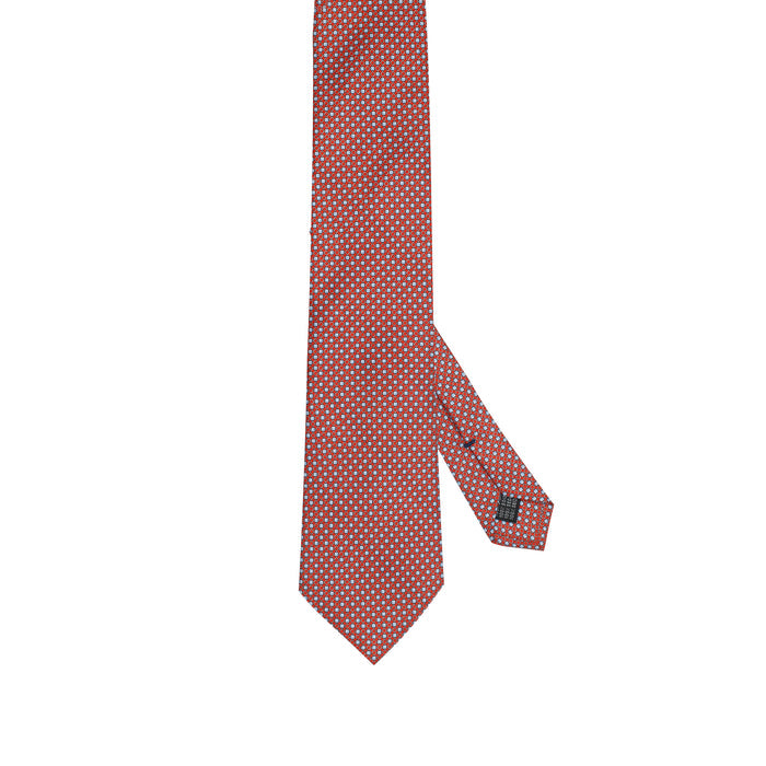 Rust Red 100% Italian Silk Tie With Blue Micro Geometric Blue Pattern