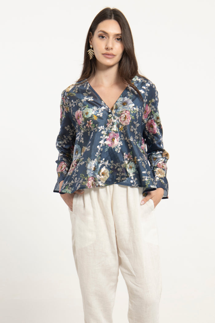 Sabah Cotton Silk Blue Blouse