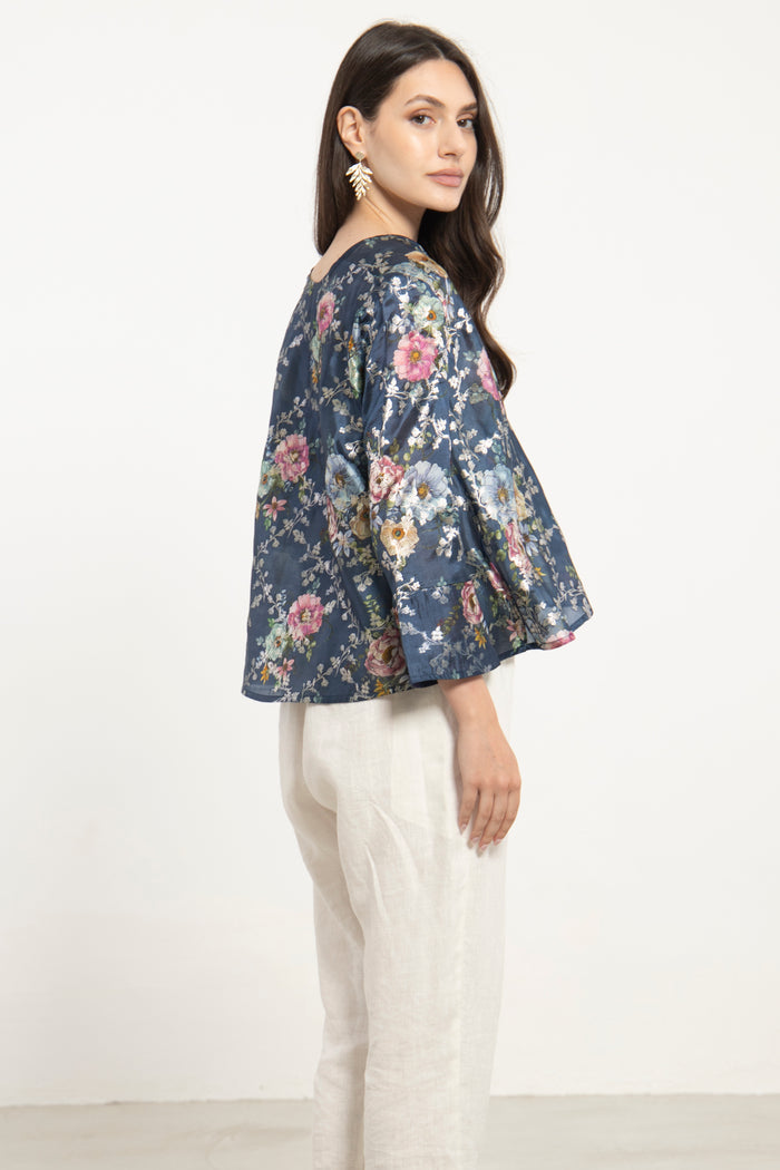 Sabah Cotton Silk Blue Blouse