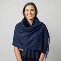Serta - Faux Fur Trim on Large Shawl - Navy Blue