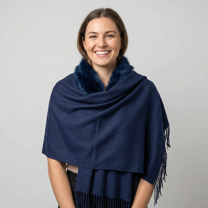 Serta - Faux Fur Trim on Large Shawl - Navy Blue