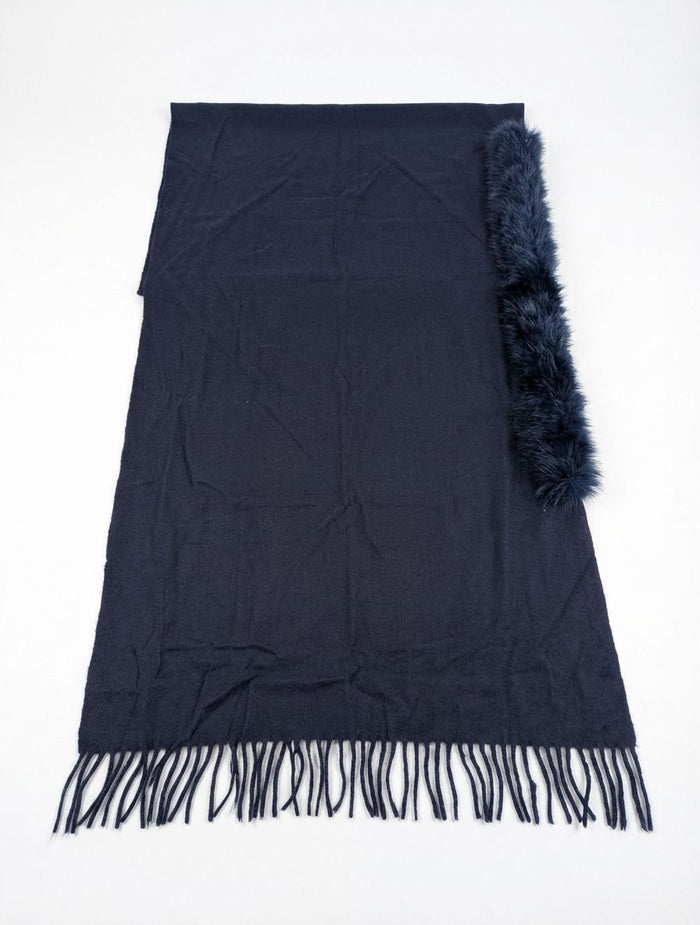 Serta - Faux Fur Trim on Large Shawl - Navy Blue