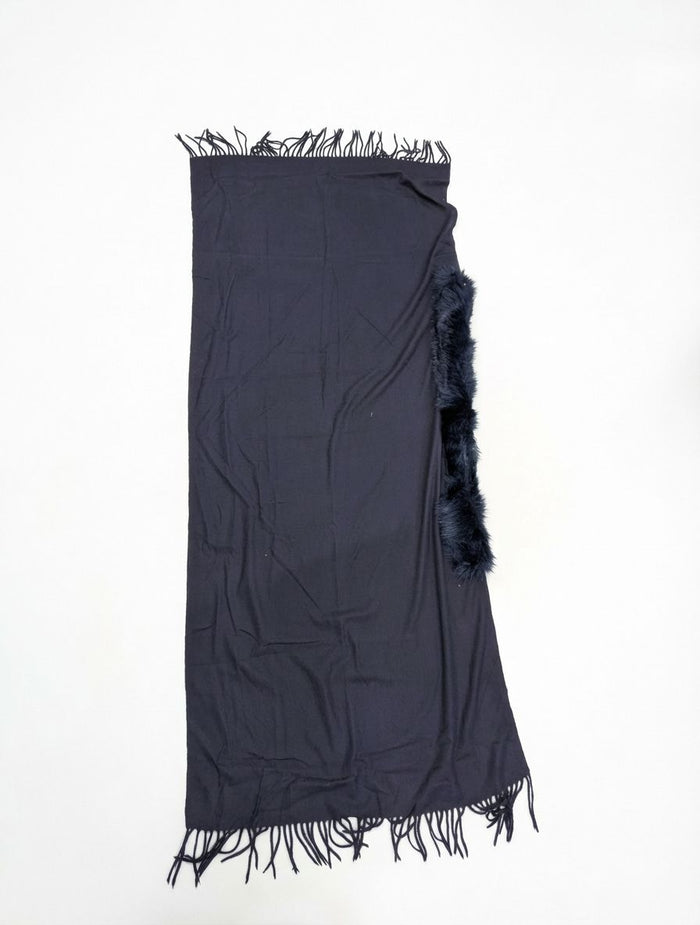 Serta - Faux Fur Trim on Large Shawl - Navy Blue