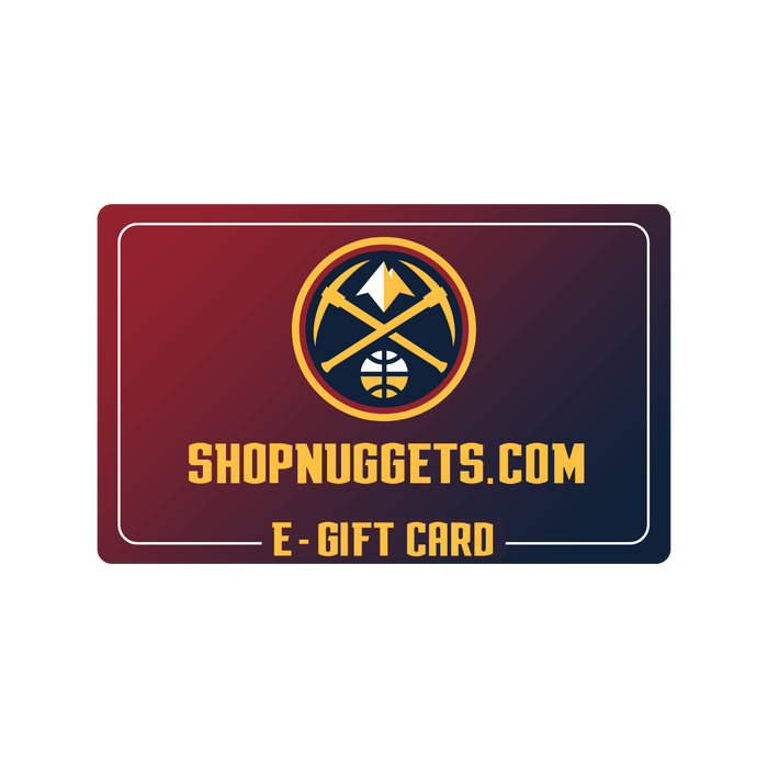 A red and navy blue gradient Denver Nuggets e-gift card featuring the team logo and the text 'SHOPNUGGETS.COM E-GIFT CARD' in gold
