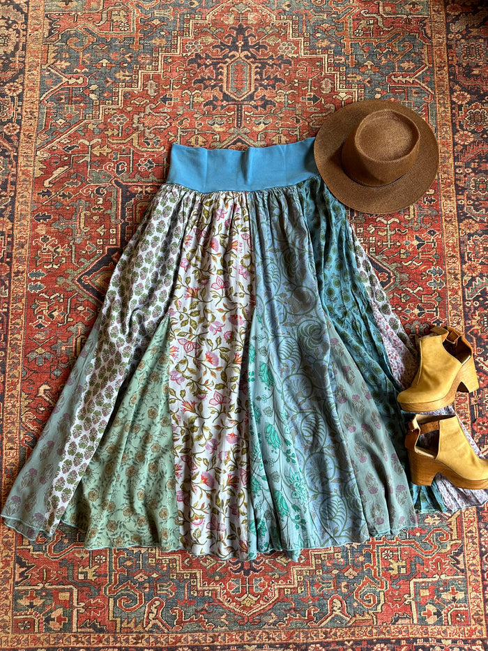 Size 14-20 100% Cotton Yoga Waistband Patchwork Boho Festival Skirt -Fair Trade Made - Multiple Colors Available