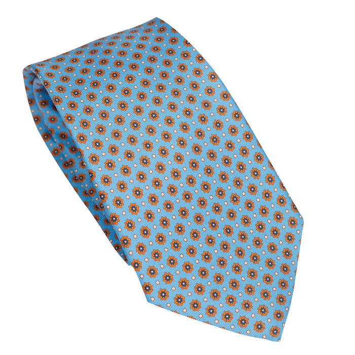 Sky Blue 100% Italian Silk Tie with Micro Burnt Orange Pattern