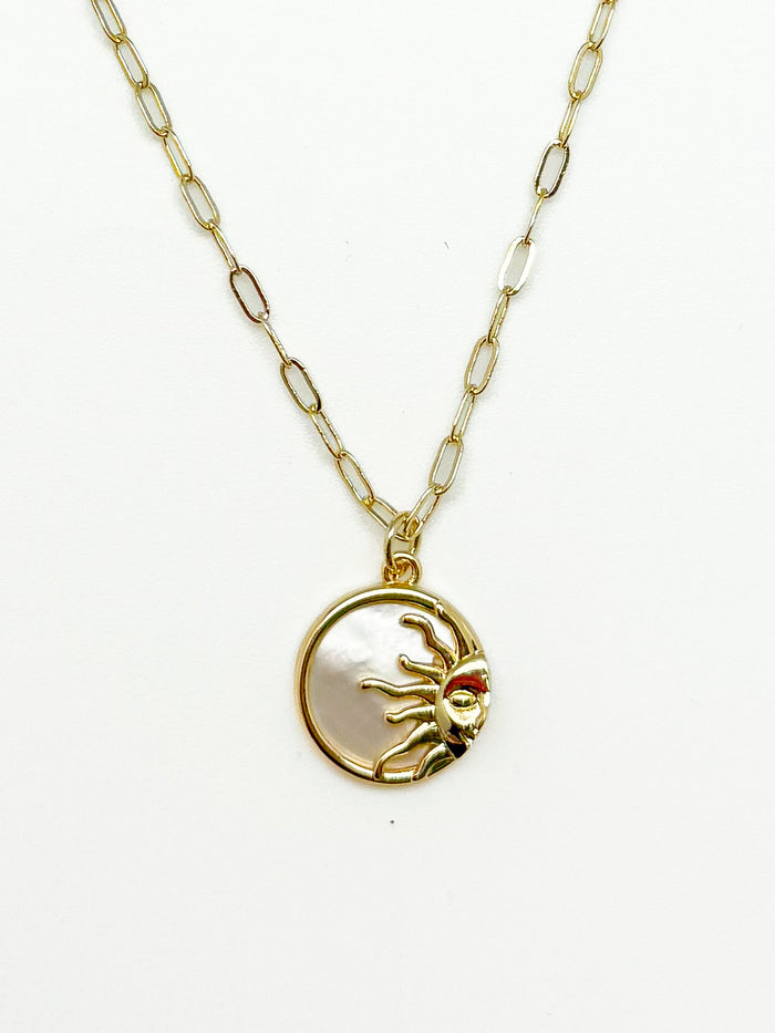 18k gold-filled chain with a radiant mother-of-pearl sun pendant