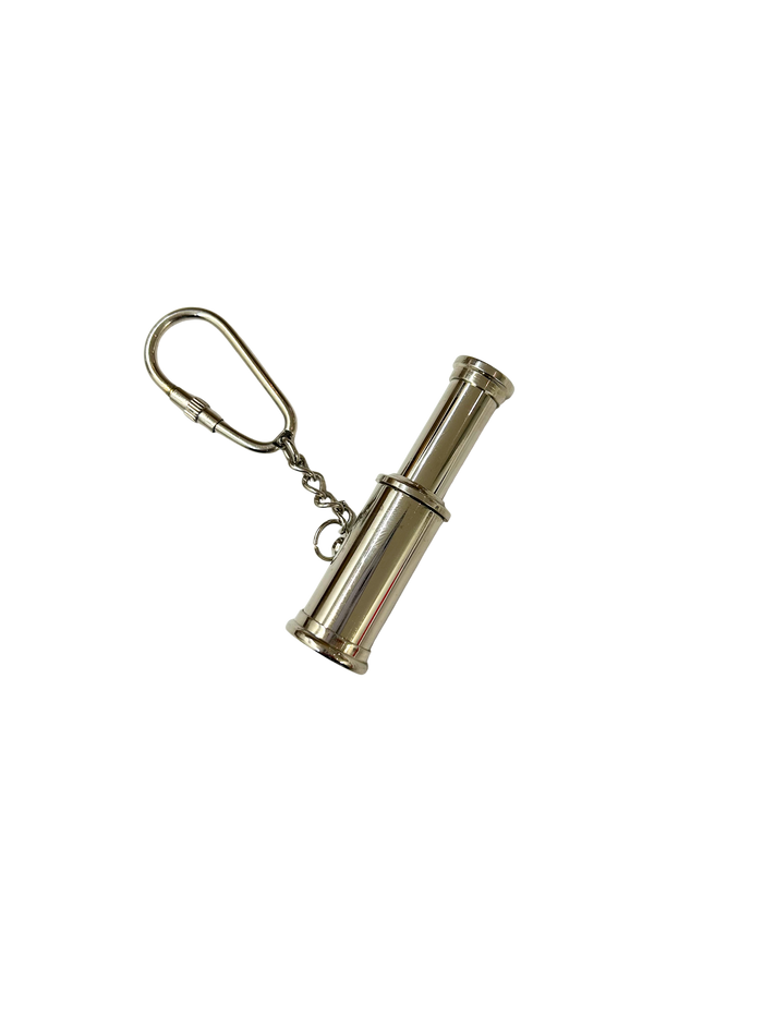Metal telescope keychain on a white background