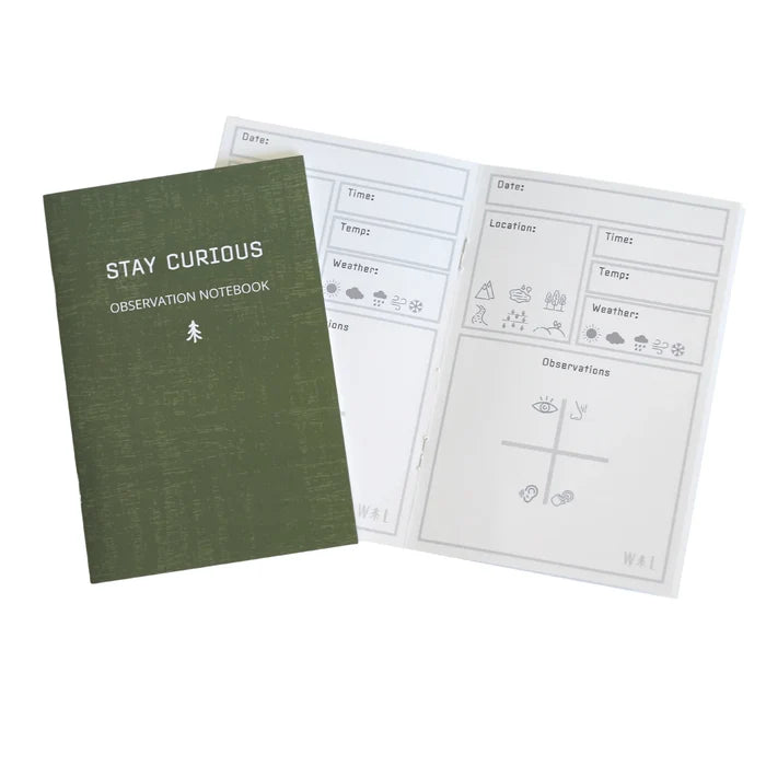 Stay Curious Observation Notebook cover and A notebook page on display. The inside page has spaces to write down the Date, Location, Time, Temp, Weather, and Observations.