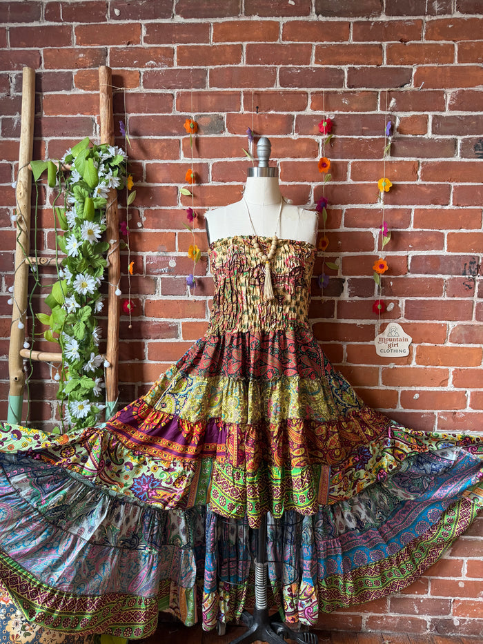 Sunlit Grove Tiered Patchwork Hi Lo Recycled Sari Dress