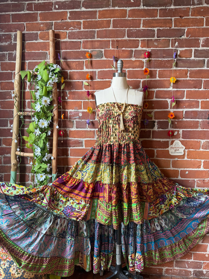 Sunlit Grove Tiered Patchwork Hi Lo Recycled Sari Dress