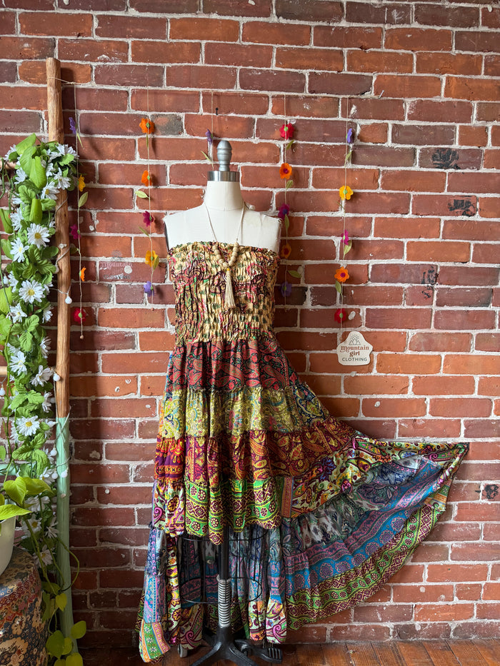 Sunlit Grove Tiered Patchwork Hi Lo Recycled Sari Dress
