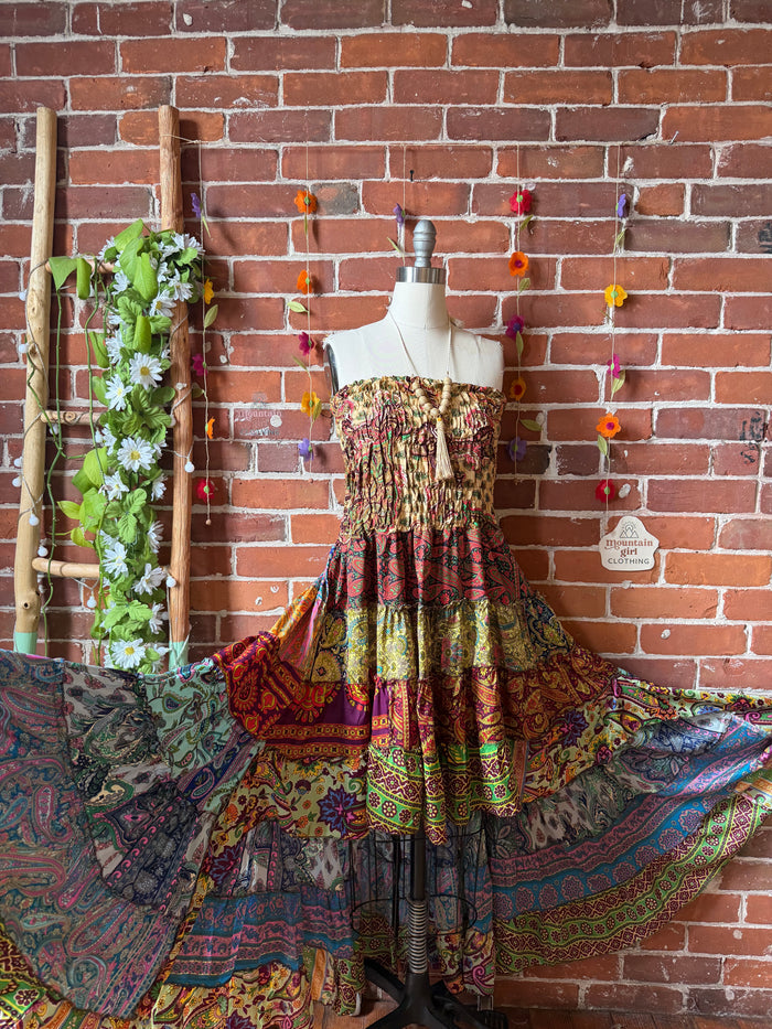 Sunlit Grove Tiered Patchwork Hi Lo Recycled Sari Dress