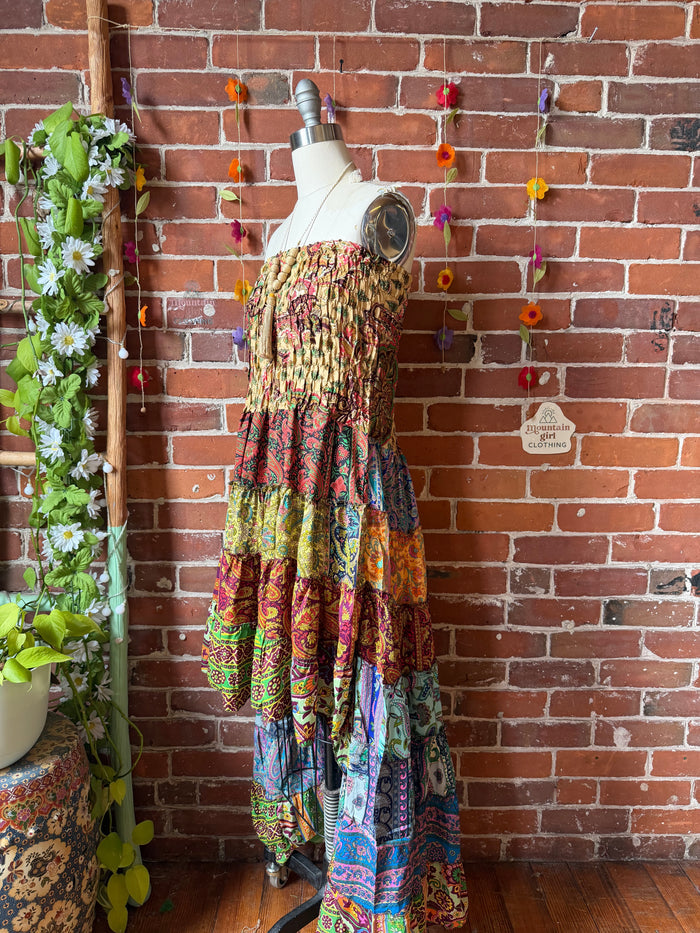 Sunlit Grove Tiered Patchwork Hi Lo Recycled Sari Dress