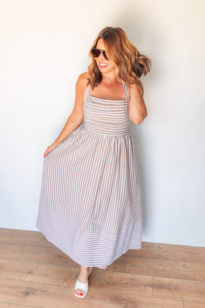 The Social Striped Halter Maxi Dress - One Eleven Olive Boutique