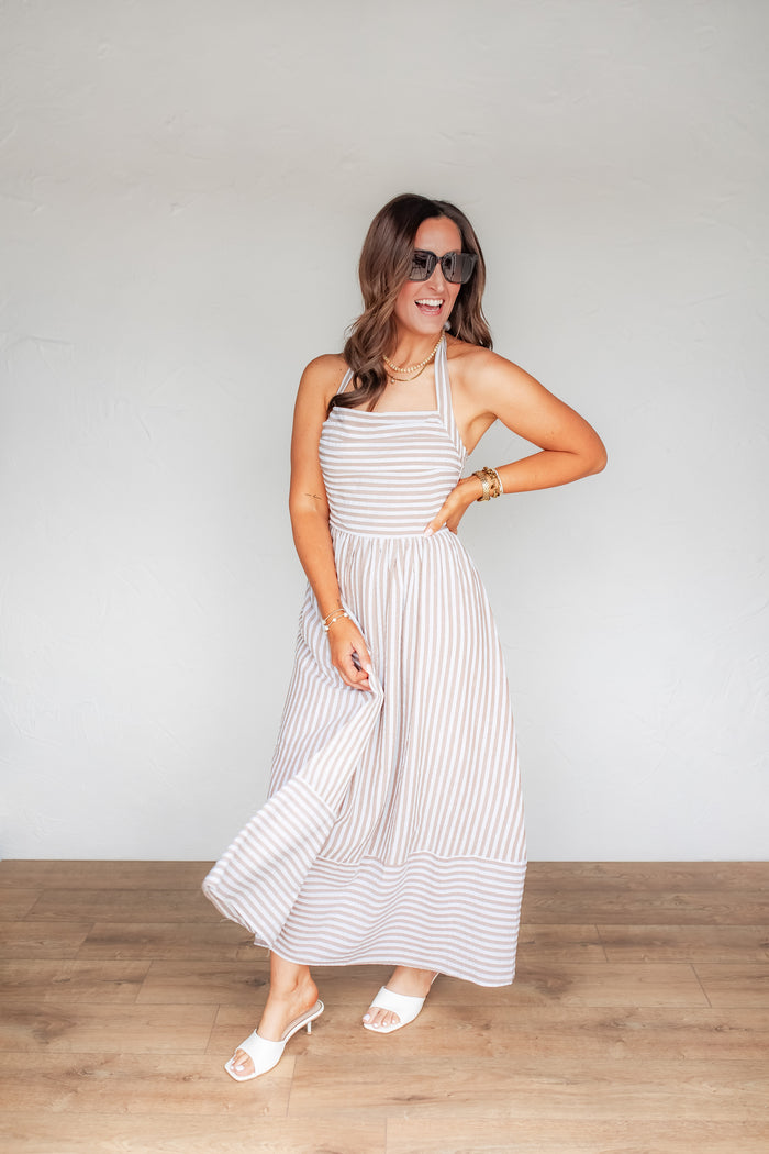 The Social Striped Halter Maxi Dress - One Eleven Olive Boutique