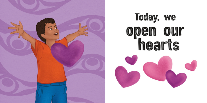 Cartoon boy holding a heart with text 'Today, we open our hearts' and hearts graphics on a purple and white background.