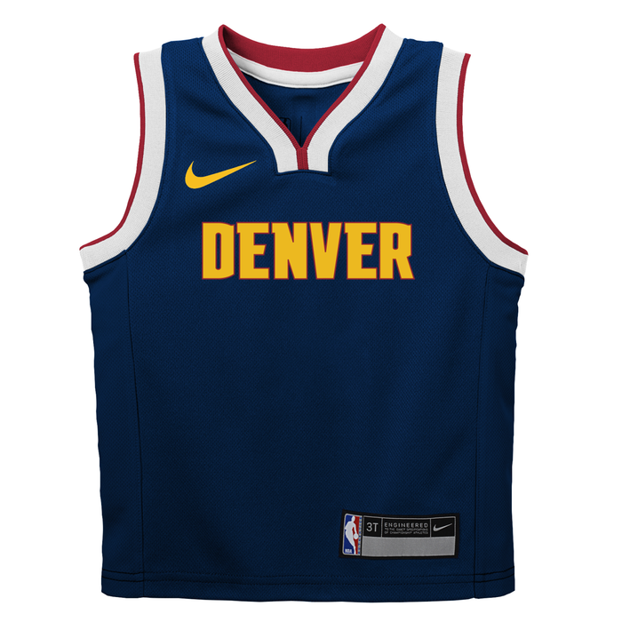 Front view of a navy blue youth Denver Nuggets Nike jersey with gold 'DENVER' text and striped v-neck trim
