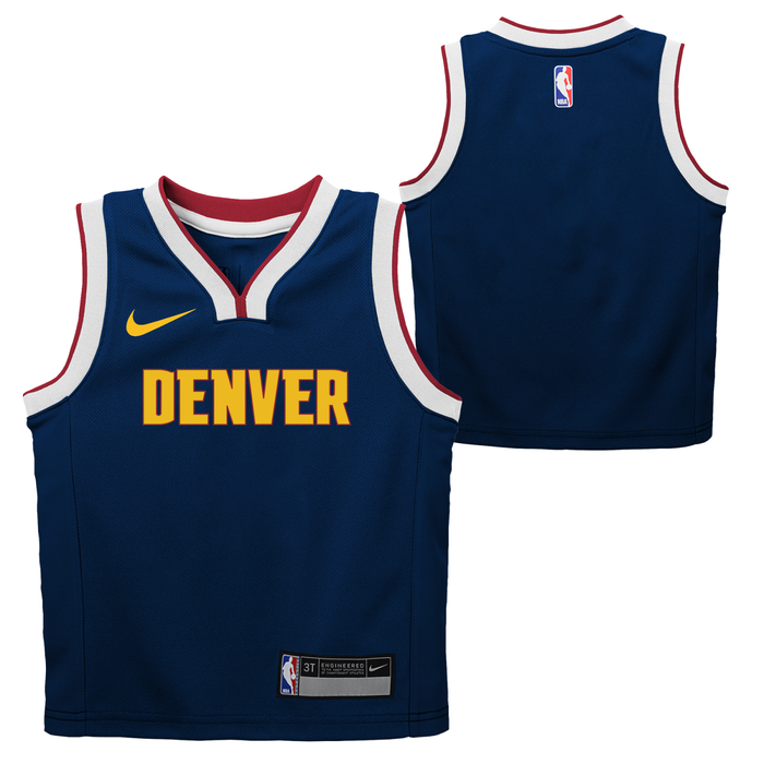 Both the front and back views of a blank youth navy blue Denver Nuggets Nike basketball jersey
