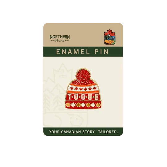 Enamel pin packaging with a beanie design and 'Northern Icons' branding.