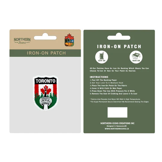 Iron-on patch packaging with instructions and brand information.