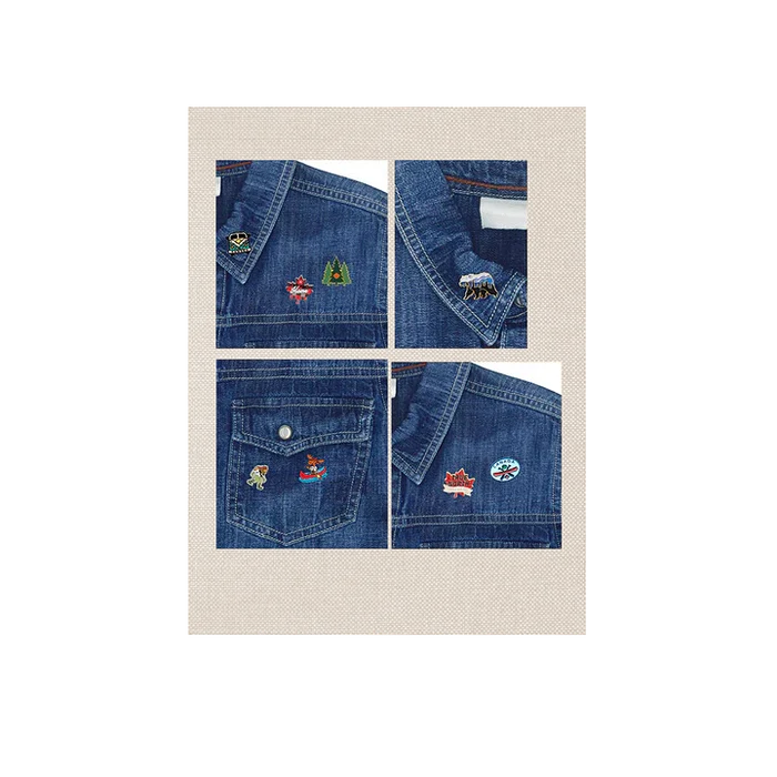 Collage of a blue denim jacket with embroidered patches on a beige background