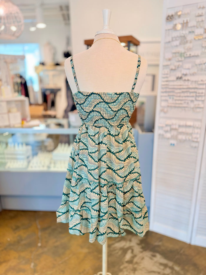 Back view of the dress featuring adjustable straps and a relaxed fit with tiered detailing