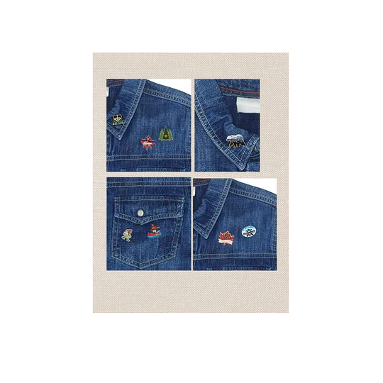 Collage of denim fabric with embroidered designs on a textured beige background