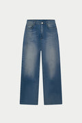 VINTAGE WASH MID RISE EMBLEM STRAIGHT LEG JEANS - BLUE WASH