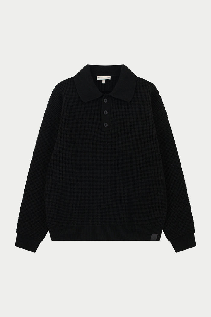 WAFFLE KNIT LONG SLEEVE POLO - BLACK