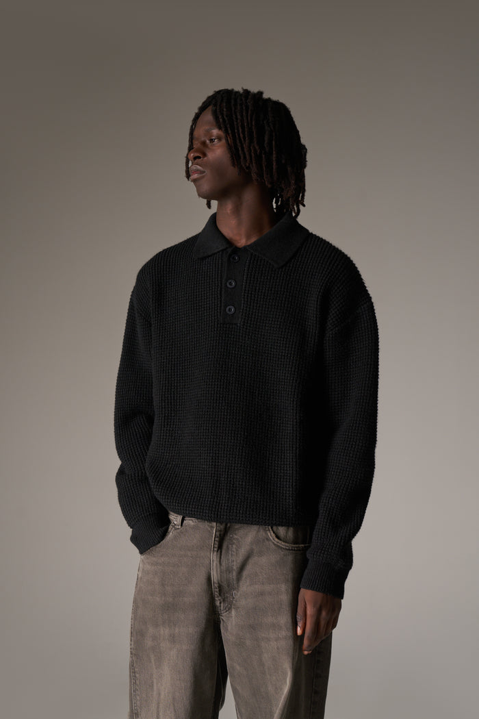 WAFFLE KNIT LONG SLEEVE POLO - BLACK
