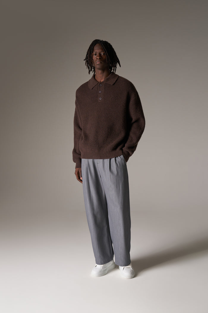 WAFFLE KNIT LONG SLEEVE POLO - BROWN