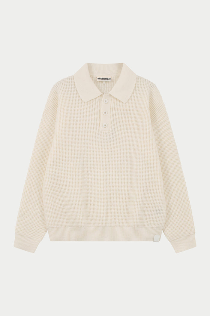 WAFFLE KNIT LONG SLEEVE POLO - WHITE