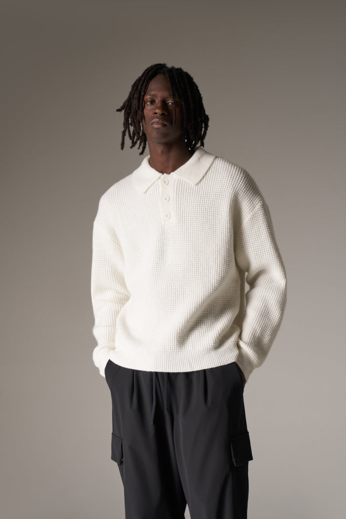 WAFFLE KNIT LONG SLEEVE POLO - WHITE