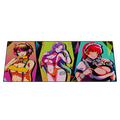 Mouse pad with three anime-style female characters in colorful outfits and vibrant geometric backgrounds.