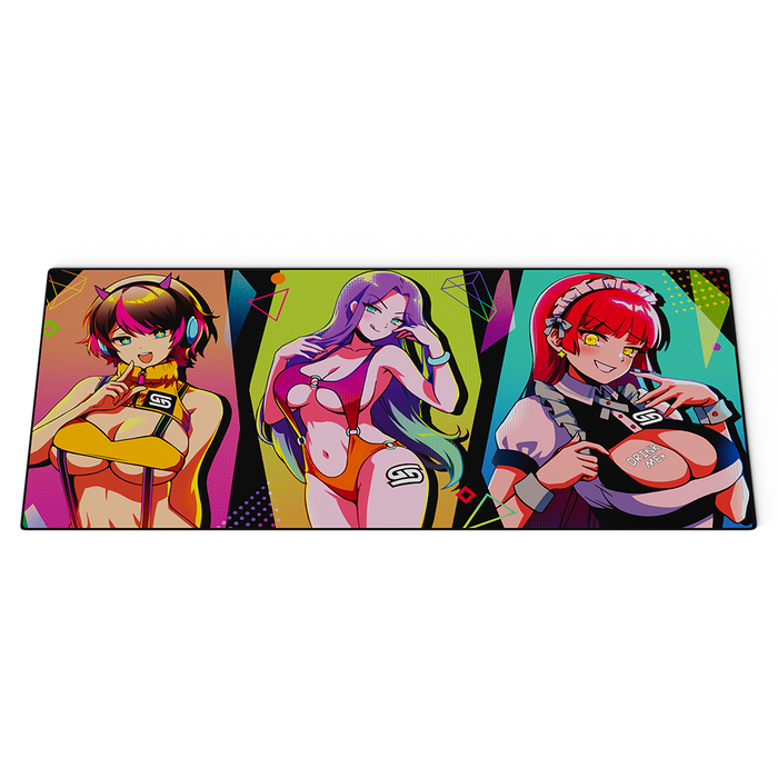Mouse pad with three anime-style female characters in colorful outfits and vibrant geometric backgrounds.