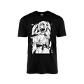 Black shirt with a white anime-style female ninja holding a kunai and making a shushing gesture.