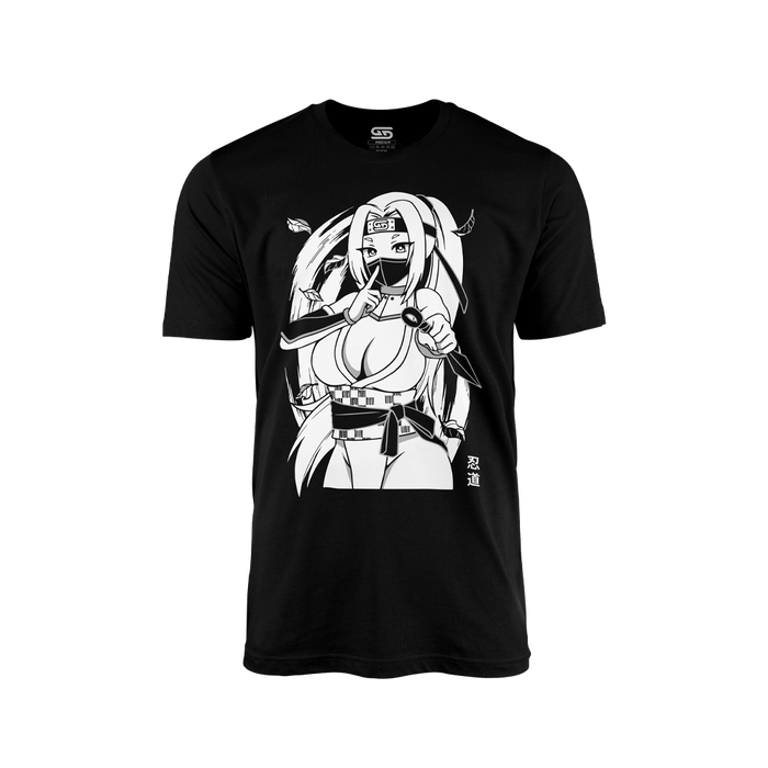 Black shirt with a white anime-style female ninja holding a kunai and making a shushing gesture.