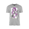 Grey shirt with a purple-haired anime girl in a bikini playing a black electric guitar and Japanese text on the side.