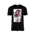 Black shirt featuring a red-haired anime yokai girl with horns and a sword against a white rectangular background.