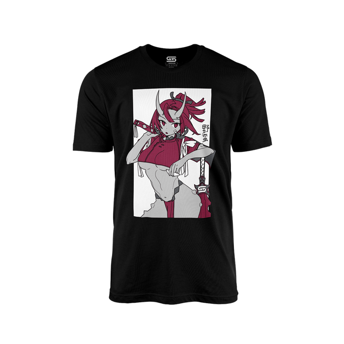 Black shirt featuring a red-haired anime yokai girl with horns and a sword against a white rectangular background.