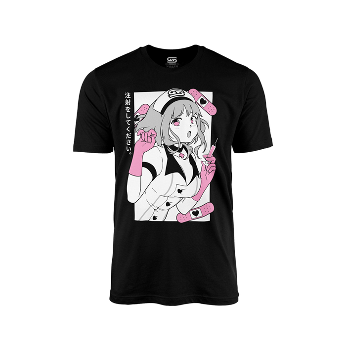 Black shirt with anime nurse holding syringe, pink gloves, pink bandages, and Japanese text on the side.