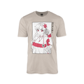 Sand-colored shirt with anime girl in red bikini holding a seashell and Japanese text on the side