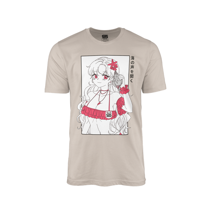 Sand-colored shirt with anime girl in red bikini holding a seashell and Japanese text on the side