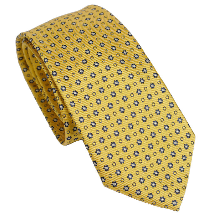 Warm Yellow Pure 100% Italian Silk Tie with Micro Floral Blue Pattern
