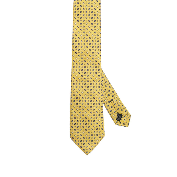 Warm Yellow Pure 100% Italian Silk Tie with Micro Floral Blue Pattern