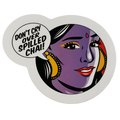 Round sticker with a stylized face and 'Don't cry over spilled chai!' text on a white background