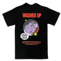 Black t-shirt with graphic design and text on a white background